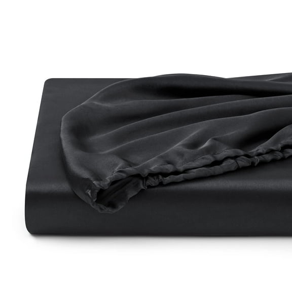 Silk Satin Queen Fitted Sheet, Extra Soft Deep Pocket Single Bottom Sheet, Hypoallergenic Cooling Bedding for All Seasons, Black