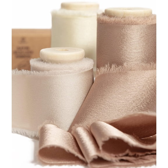 Silk Satin Ribbon 1-1/2 inch x 15 Yard with Wooden Spool Champagne & Nude Handmade Frayed Ribbons for Gift Wrapping Baby Shower Wedding Bridal Bouquets Holiday Decor