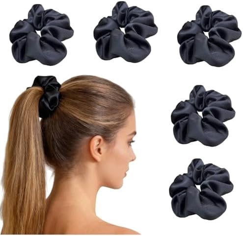 Silk Satin Scrunchies for Women Girls- Sleeping Big Large Cute Scrunchy for Thick Curly Hair | Ideal for Women - 5 Pack (Multicolor -Black, Large)