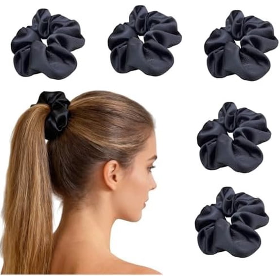 Silk Satin Scrunchies for Women Girls- Sleeping Big Large Cute Scrunchy for Thick Curly Hair | Ideal for Women - 5 Pack (Multicolor -Black, Large)