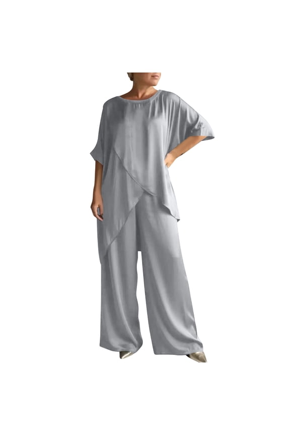 Silk Satin Sets for Women 2 Piece 3/4 Sleeve Asymmetrical Hem Oversized Tops and Wide Leg Palazzo Pants Beach Cruise Outfits 2026 Summer Airport Travel Vacation Outfits