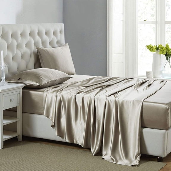 Silk Satin Sheets, Queen Size Satin Bed Sheet Set Deep Pockets Cooling Soft Hypoallergenic Satin Sheets Queen, Taupe