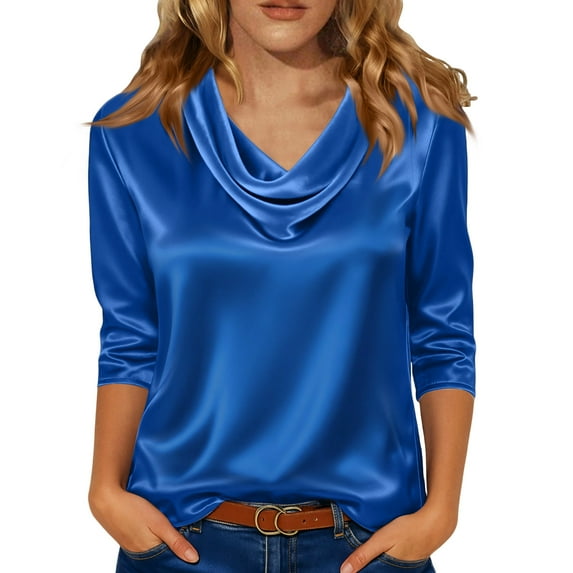 Silk Satin Shirt Womens Dressy Casual Cowl Neck 3/4 Length Sleeve Womens Tops Business Work Blouse Blue L