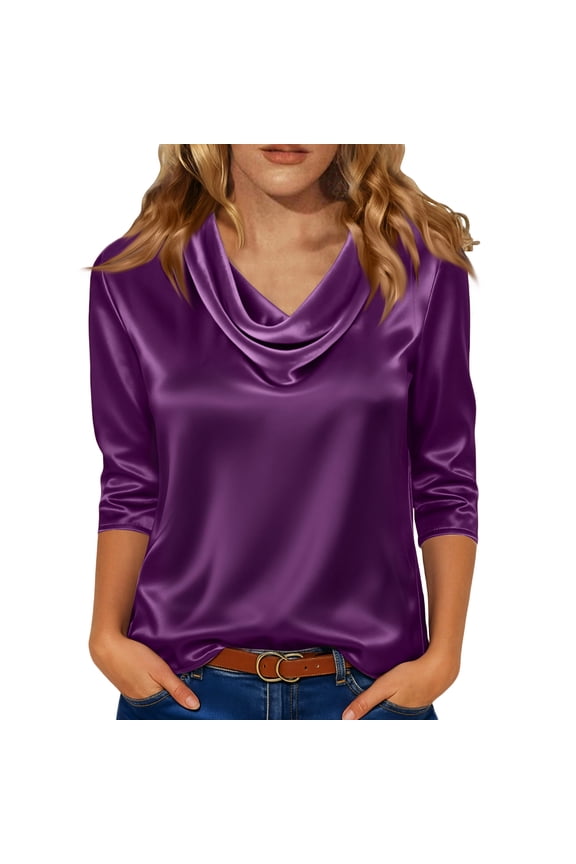 Silk Satin Shirt Womens Dressy Casual Cowl Neck 3/4 Length Sleeve Womens Tops Business Work Blouse Light Purple 2XL