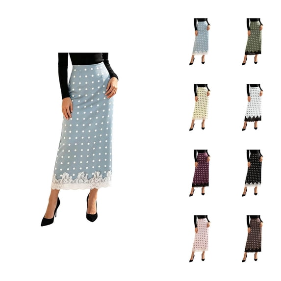 Silk Satin Skirts for Women High Waist Polka Dots Lace Hem Elegant Dressy Casual Midi Skirt Office Work Skirt