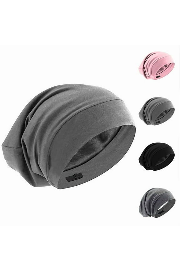 Silk Satin Sleep Cap Bonnet Hair Cover for Sleeping Silk Lined Beanie Hat for Natural Curly Hair Adjustable Night Cap - Gray