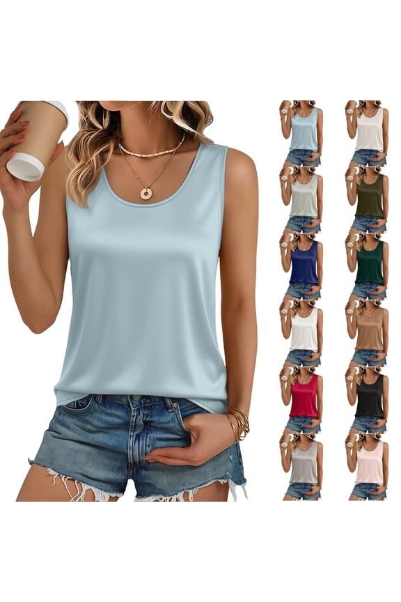 Silk Satin Tank Tops for Women Scoop Neck Sleeveless Camisole Blouses 2026 Relaxed Fit Summer Basic Casual Shirts,XXL,#01 Light Blue