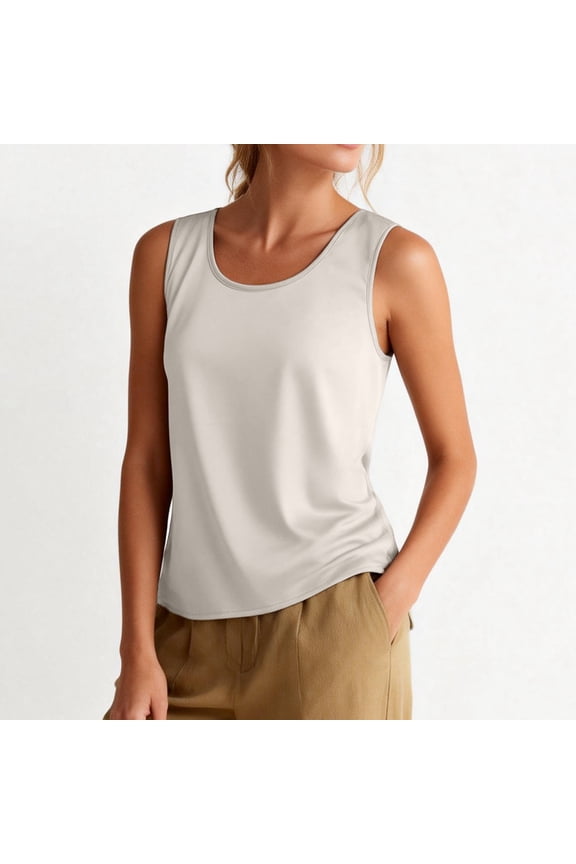 Silk Satin Tank Tops for Women Scoop Neck Sleeveless Camisole Tops 2026 Summer Basic Blouses Beige XL