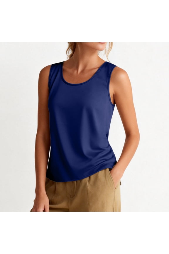 Silk Satin Tank Tops for Women Scoop Neck Sleeveless Camisole Tops 2026 Summer Basic Blouses Blue XL