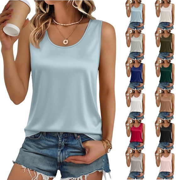 Silk Satin Tank Tops for Women Scoop Neck Sleeveless Camisole Tops Summer Basic Blouses