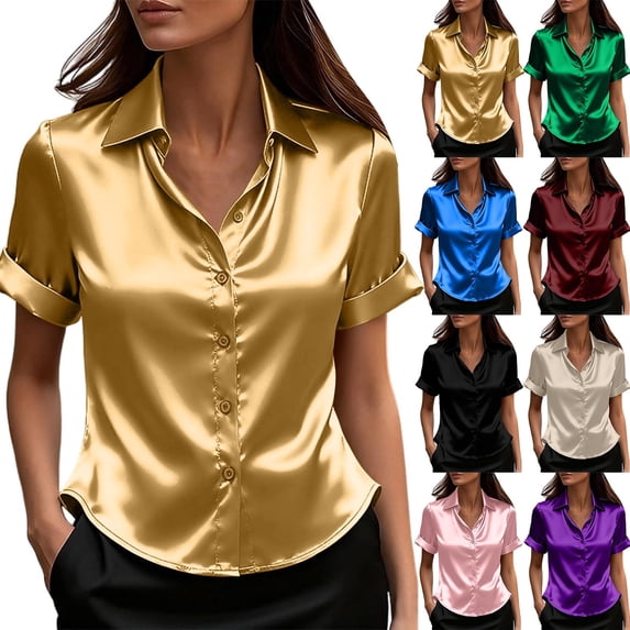 Silk Satin Women's Loose Fit Long Sleeve Button Down Shirt Blouse Top with Belt Elegant Solid Color Spring Fashion Gift for Women | CSEONE,Green L