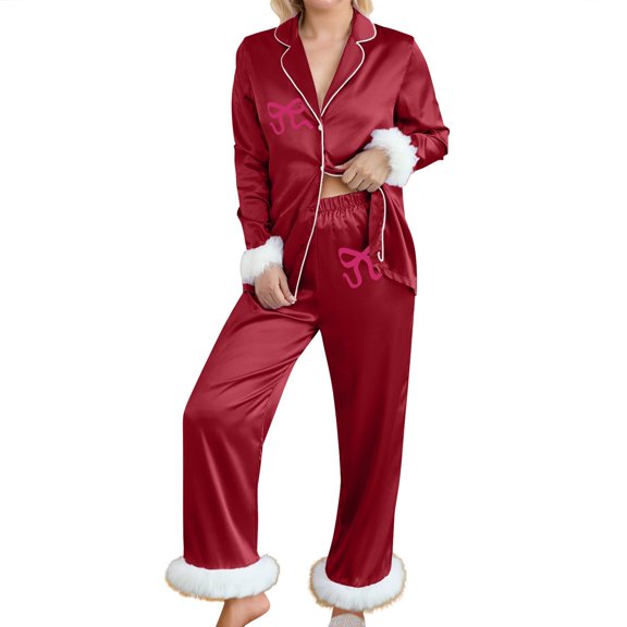 Silk Satin Womens Pajama Sets Two Piece Womens Valentines Pjs Set Long Sleeve Button-Down Sleepwear Bow Print Pjs for Women
