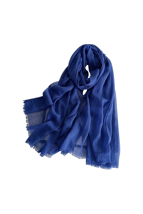 Silk Scarf Cotton Blend Soft With Fringed Edges Linen Shawl,travel Breathable Fashion Lightweight Blue