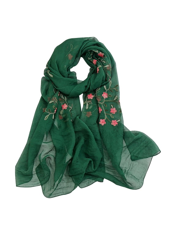 Silk Scarf Green Scarf Embroidery Chiffon Lightweight Summer Fall Fashion