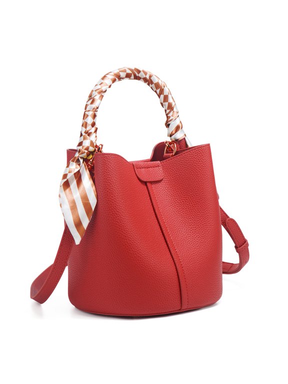 Silk Scarf Handle MINI Bucket Bag for Women, Inner Pouch & Multi-Way Design, Large Capacity Casual Shoulder Crossbody Handbag (7.1"x7.1"x7.5", 1.1lb), Street Trend