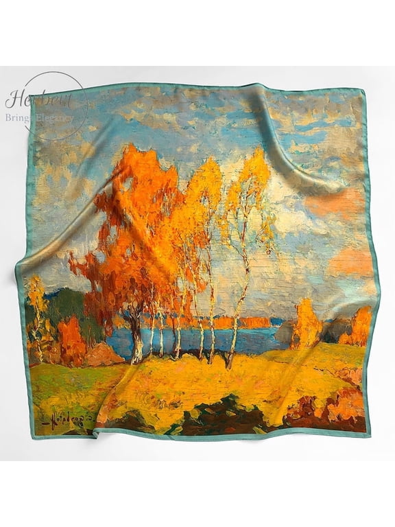 Silk Scarf for Women, 100% Mulberry Silk, 65x65cm Square, Head & Neck Scarf,56,Maple Tree