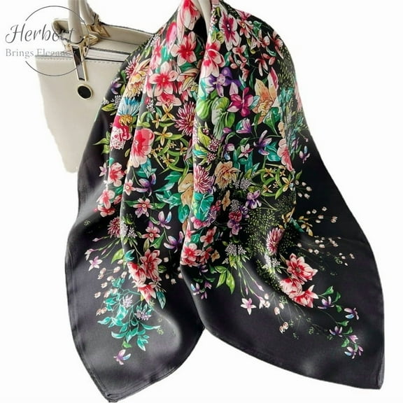 Silk Scarf for Women, 100% Mulberry Silk, 65x65cm Square, Head & Neck Scarf,65,Black