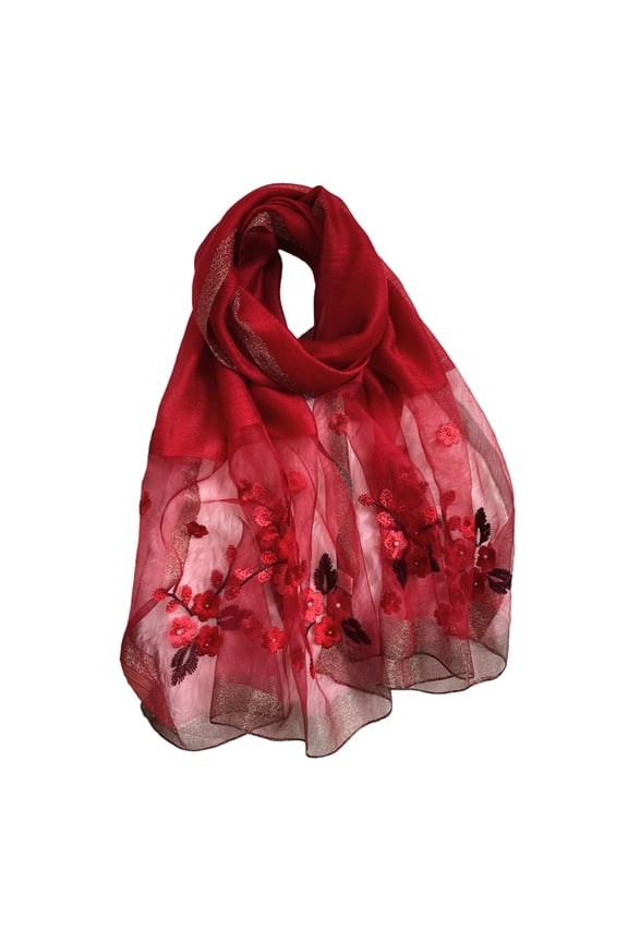 Silk Scarf for Women Lightweight Shawls and Wraps for Weddings Fashion Pashmina Shawl Embroidered Scarves - Burgundy