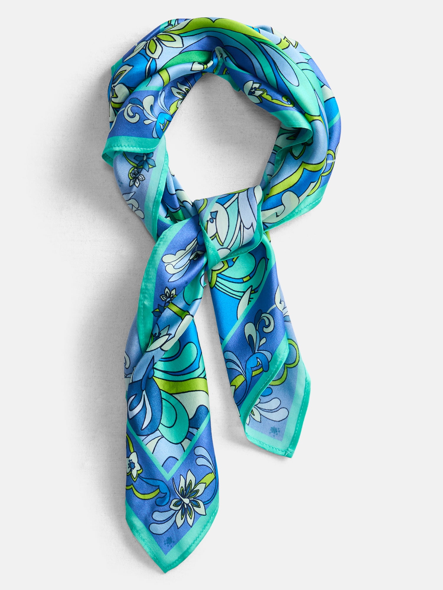 Free Assembly Women's Print Silk Scarf with Scarf Ring, Blue