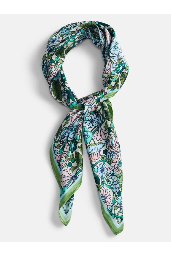 Women's Print Silk Scarf with Scarf Ring, Green Print