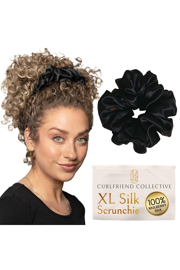 Silk Scrunchies for Women Ponytail Holders  Oversized Mulberry Silk Scrunchies  Extra Large No Damage Hair Ties for Curly, Thick, and Thin - Hair Accessories for Women  Black, XL By Curlfriend