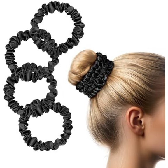 Silk Scrunchies for Hair, 4 count Pure Mulberry Silk Hair Ties No , Skinny Elastic Scrunchies for Fine & Thin Hair, Black