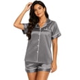 thumbnail image 1 of Silk Sets for Women Short Sleeve Loungewear Soft Button Down Loungewear 2 Piece Satin Shorts Set Gray XL, 1 of 4
