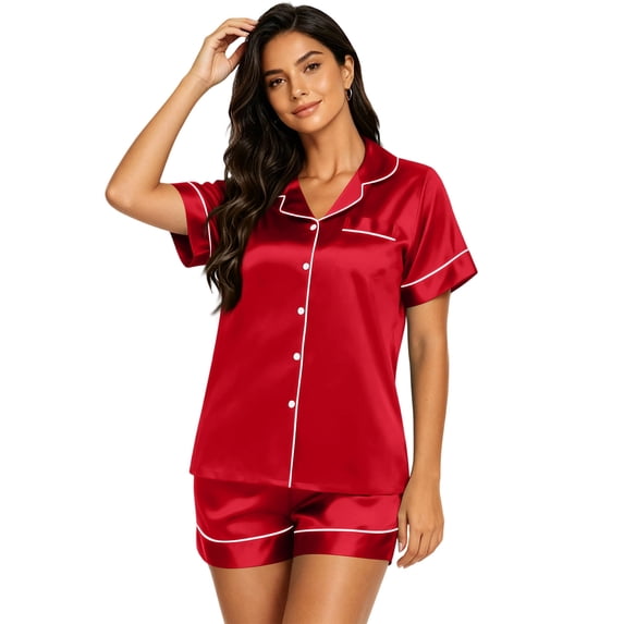 Silk Sets for Women Short Sleeve Loungewear Soft Button Down Loungewear 2 Piece Satin Shorts Set Red XL