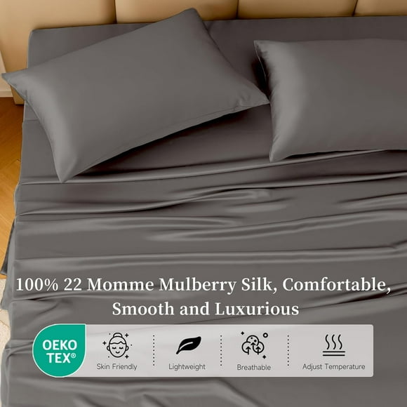 Silk Sheet Set 4 Pcs, 22 Momme 100% Natural Silk Bed Sheets - Ultra Soft (, Charcoal)