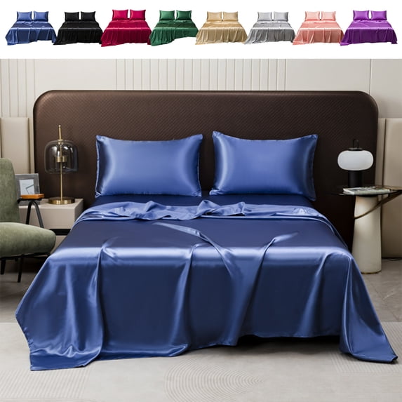 Silk Sheets Bedding Set, Soft Satin Polyester Sheet Set with Deep Pocket Fitted and Flat Sheet Pillowcases, Breathable Hotel Luxury Bed Sheets for Comfortable Sleep, Topliu