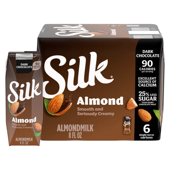 Silk Dairy Free Dark Chocolate Shelf Stable Almond Milk, Lactose Free, 8 FL OZ Carton, 6 Ct
