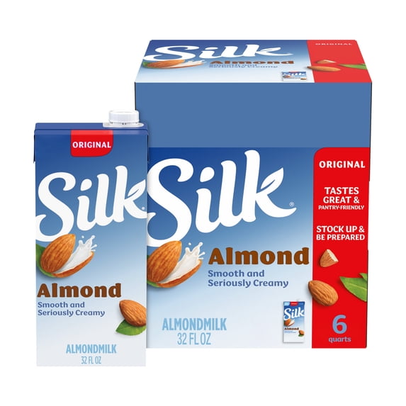 Silk Shelf Stable, Dairy Free, Lactose Free, Gluten Free, Original Almond Milk, 32 fl oz Quart, 6 Count