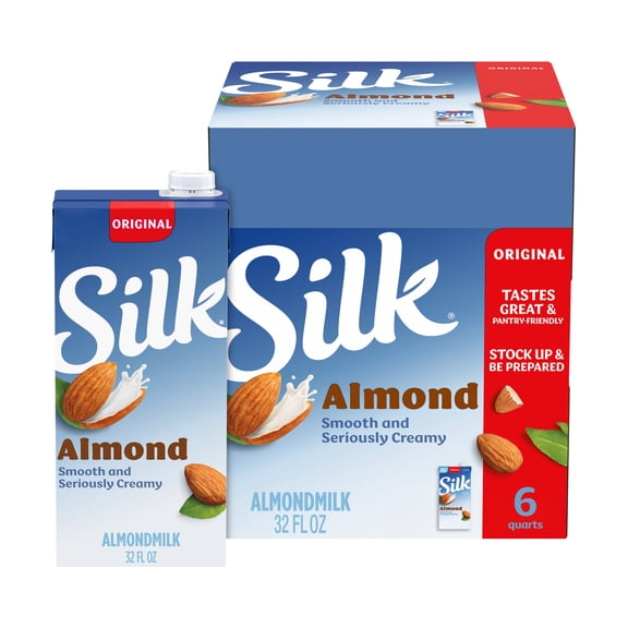 Silk Shelf Stable, Dairy Free, Lactose Free, Gluten Free, Original Almond Milk, 32 fl oz Quart, 6 Count