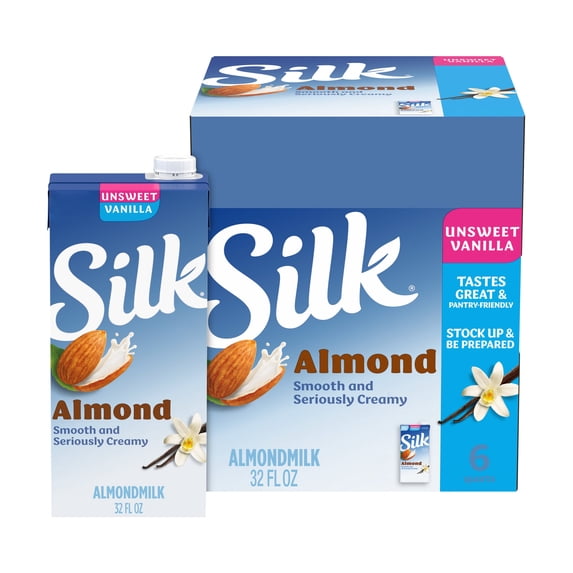 Silk Shelf Stable, Dairy Free, Lactose Free, Gluten Free, Unsweetened Vanilla Almond Milk, 32 fl oz Quart, 6 Count