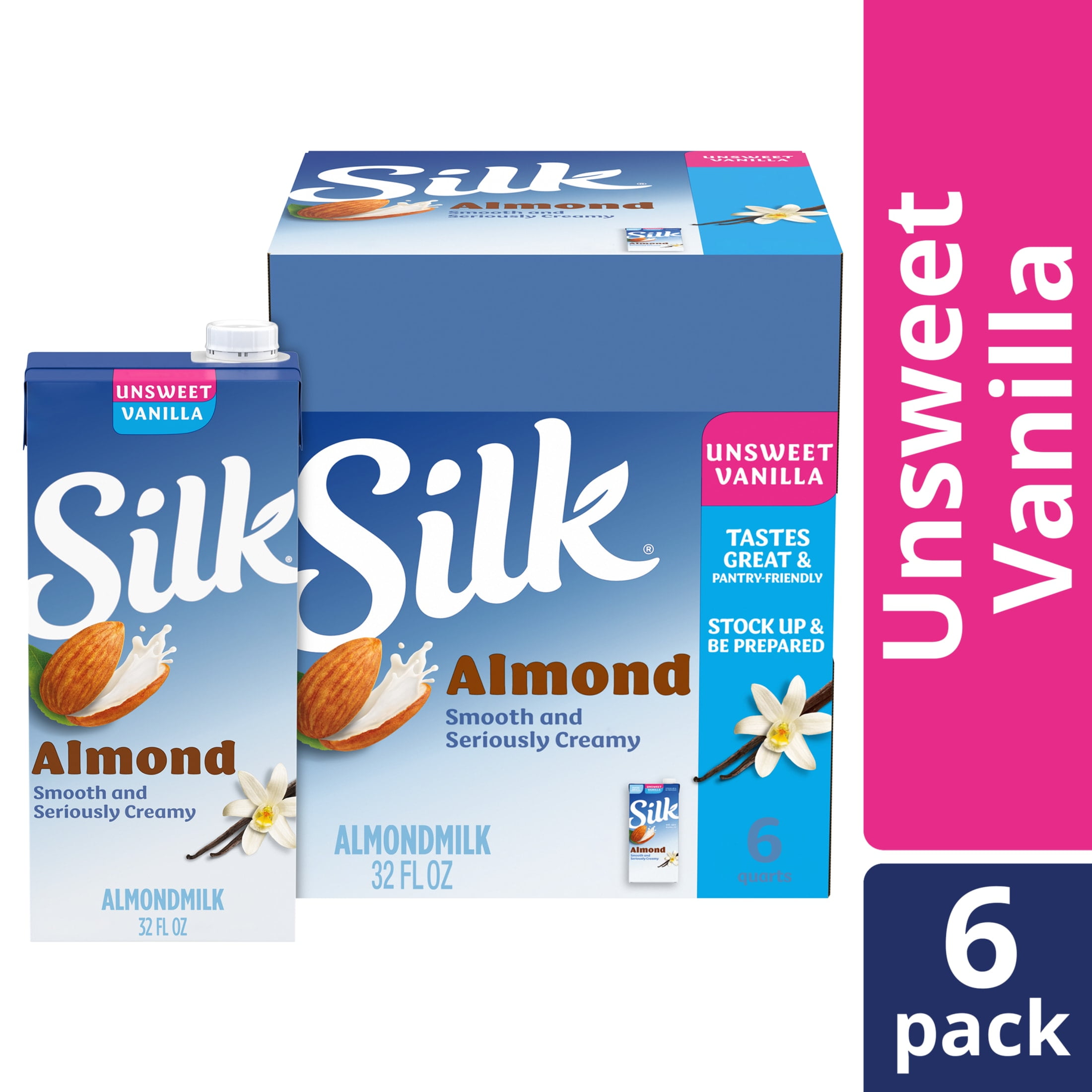 Silk Shelf Stable, Dairy Free, Lactose Free, Gluten Free, Unsweetened Vanilla Almond Milk, 32 fl oz Quart, 6 Count