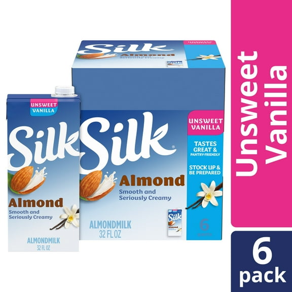 Silk Shelf Stable, Dairy Free, Lactose Free, Gluten Free, Unsweetened Vanilla Almond Milk, 32 fl oz Quart, 6 Count