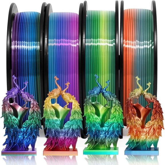 Silk Shiny 4 Types Rainbow Multi Colored Fast Color Change PLA 4 in 1 3D Printer Filament Bundle: 4 Types Multi Colored Silk PLA, 250g/Spool, 4 Spools 3D Printing Filament
