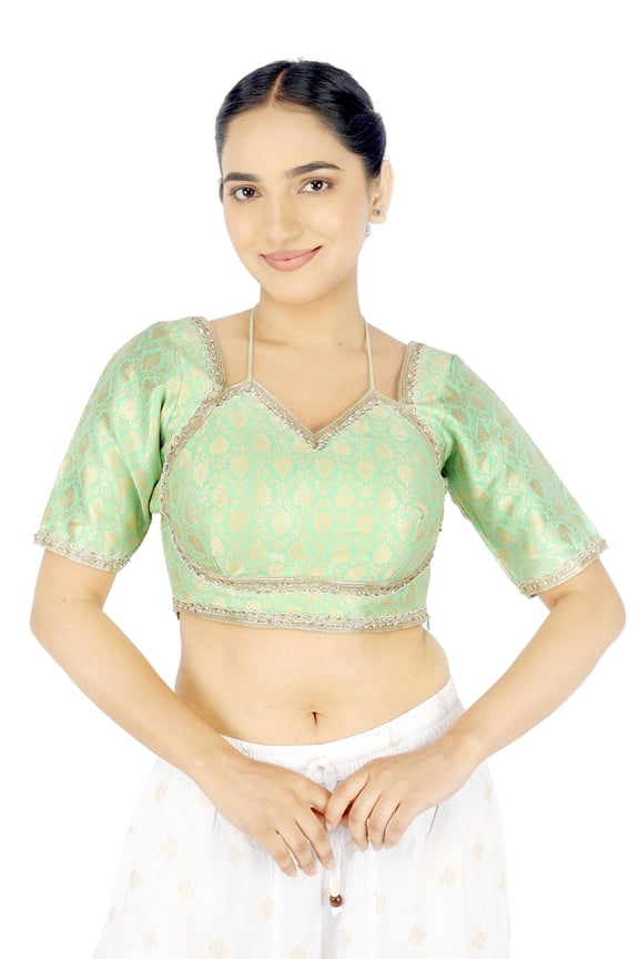 Women Saree Blouse Side Zip Queen Neckline Jacquard Brocade Readymade Saree Blouse with Gold Zari Embroidery Padded Stitched