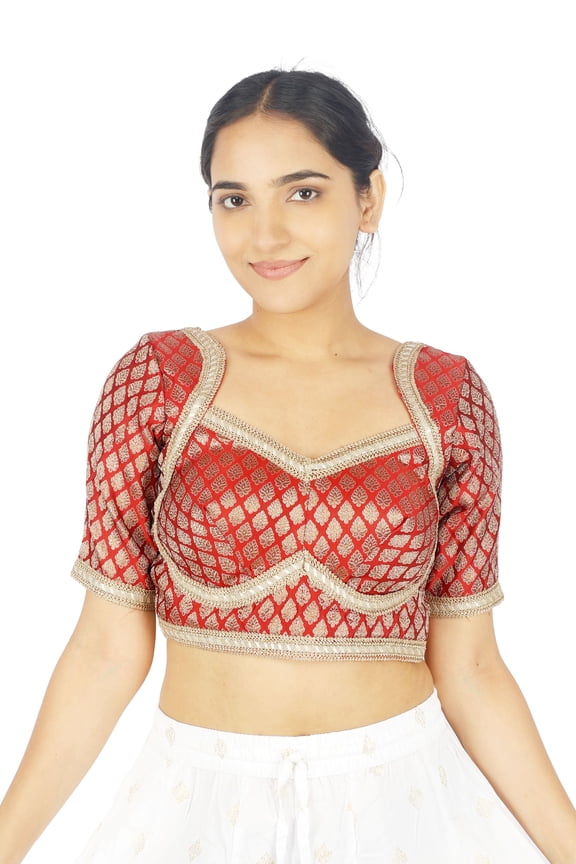 Women Saree Blouse Side Zip Queen Neckline Jacquard Brocade with Gold Zari Embroidery Padded Stitched