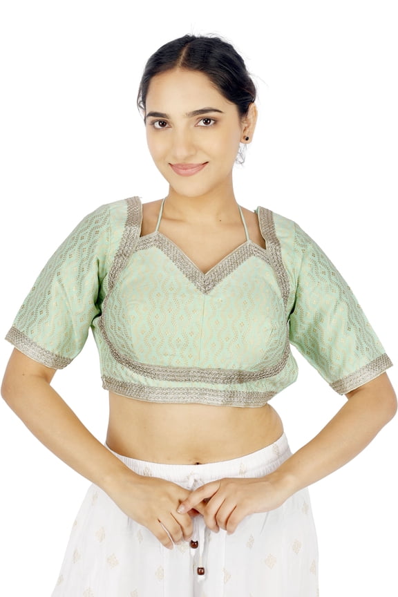 Women Saree Blouse Side Zip Queen Neckline Jacquard Brocade with Gold Zari Embroidery Padded Stitched