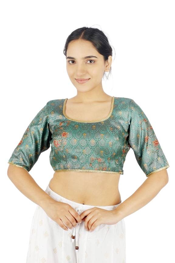 Women Saree Blouse Side Zip Scoop Neckline Jacquard Brocade with Gold Zari Embroidery Padded Stitched