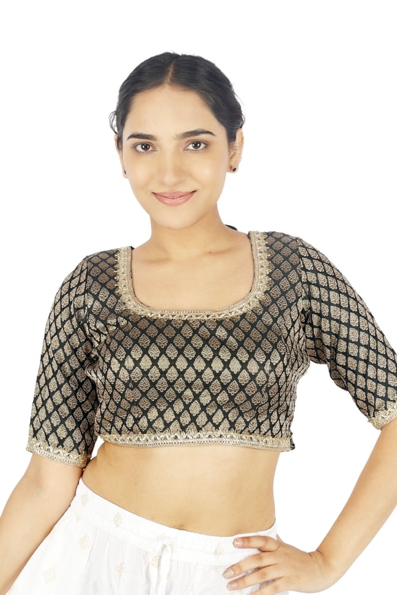 Women Saree Blouse Side Zip Scoop Neckline Jacquard Brocade with Gold Zari Embroidery Padded Stitched