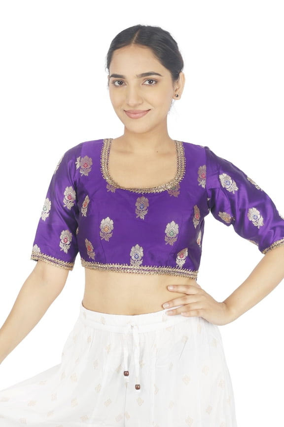 Women Saree Blouse Side Zip Scoop Neckline Jacquard Brocade with Gold Zari Embroidery Padded Stitched