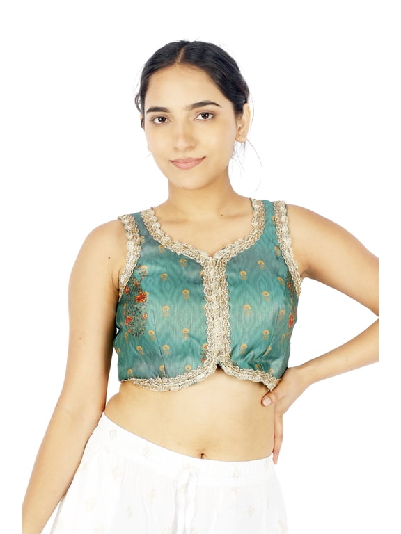 Women Saree Blouse Sleeveless Side Zip Queen Neckline Jacquard Brocade with Gold Zari Embroidery Padded Stitched