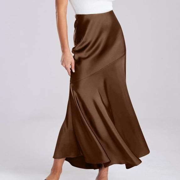 Silk Skirts for Women Satin a Line Midi Skirt Elastic Waistband Flared Flowy Elegant Cocktail Skirt Brown S