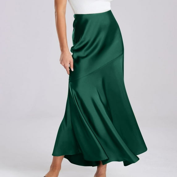 Silk Skirts for Women Satin a Line Midi Skirt Elastic Waistband Flared Flowy Elegant Cocktail Skirt Green L
