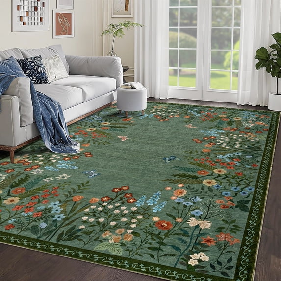 Silk Soft Machine Washable Rugs, Large Non-Slip Ultra Thin Area Rug for Living Room, Bedroom, Dining Room, 9x12 Ft Indoor Boho Floral Carpet