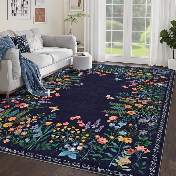 Silk Soft Machine Washable Rugs, Non-Slip Ultra Thin Area Rug for Living Room, Bedroom, Dining Room, 6x9 Ft Indoor Boho Floral Carpet