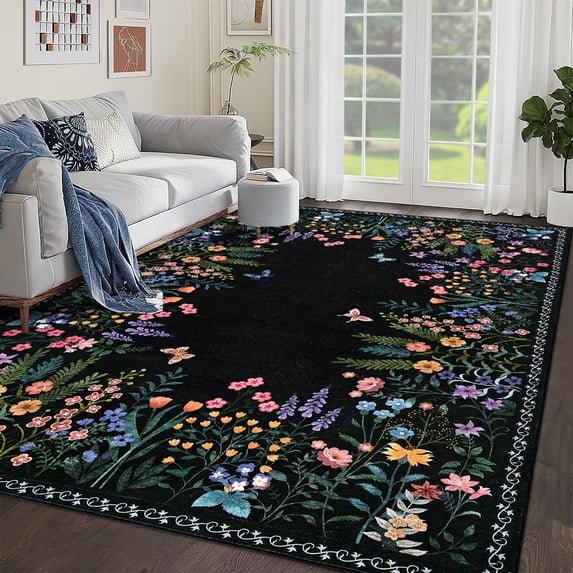 Silk Soft Machine Washable Rugs, Non-Slip Ultra Thin Area Rug for Living Room, Bedroom, Dining Room, 6x9 Ft Indoor Boho Floral Carpet