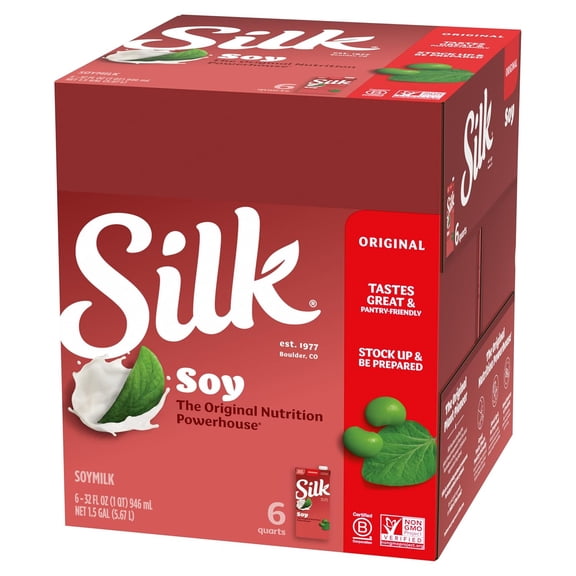 Silk Soy Milk Original, Shelf-Stable Soymilk, 32 fl oz Cartons, 6 Pack
